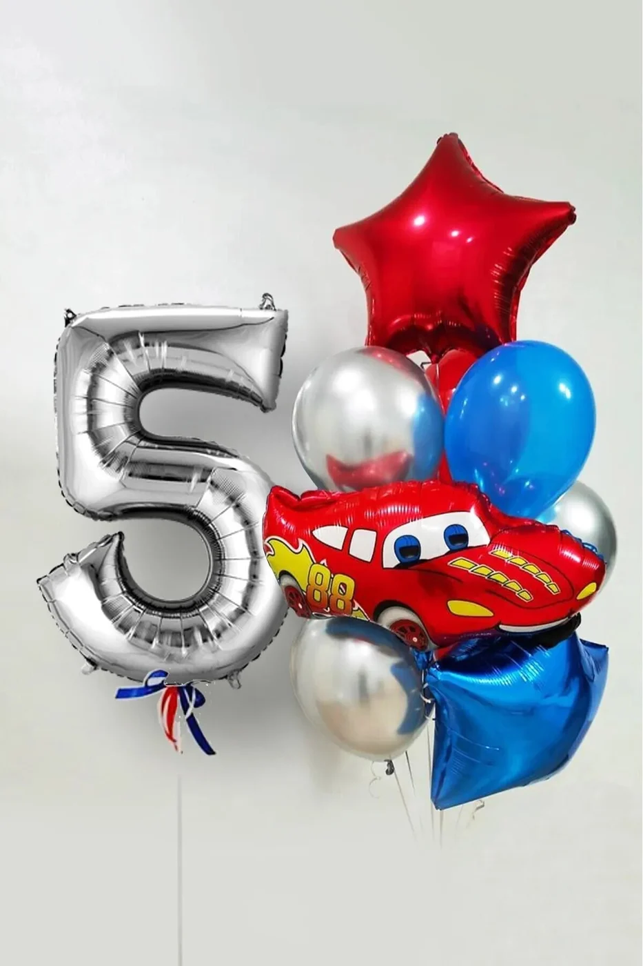 5 Yaş Şimşek Araba Temalı Balon Seti 76cm Gümüş Rakam Balonlu Yıldızlı Set