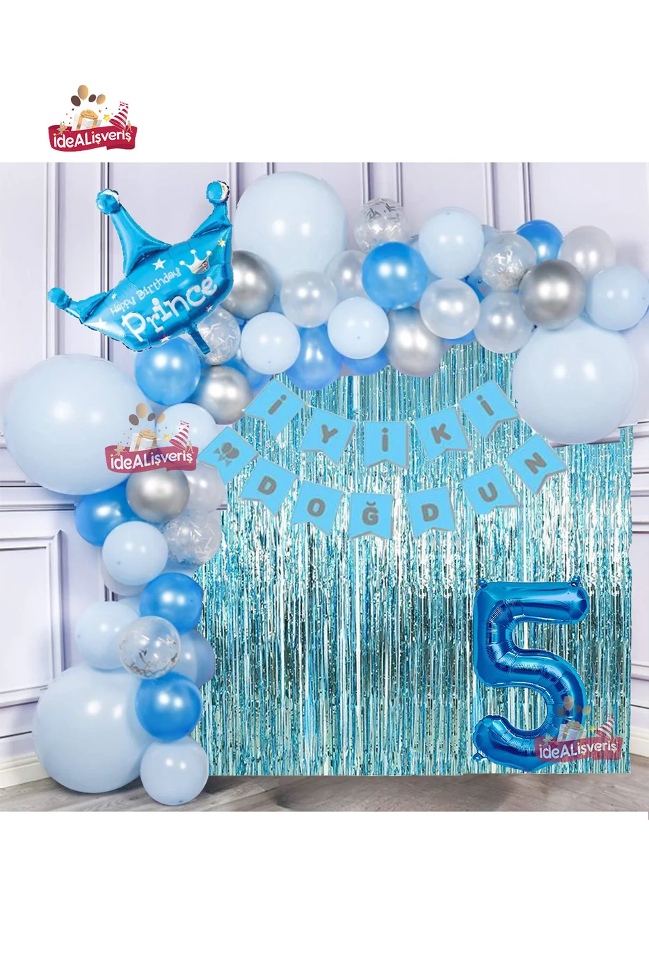 Mavi Gümüş Konseptli 5 Yaş Prens Taçlı Doğum Günü Balon Zincir Seti