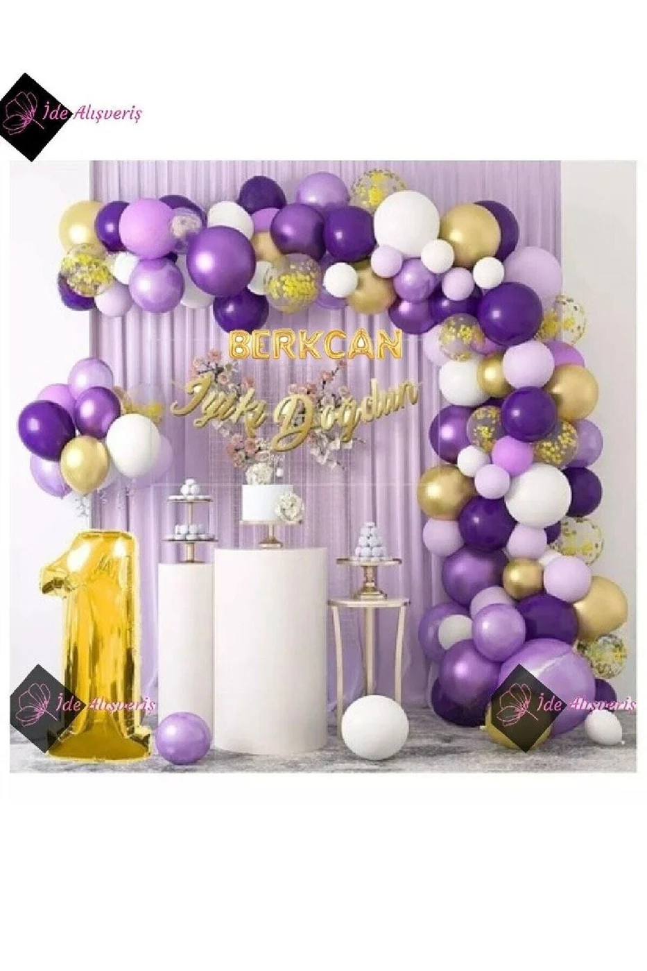 7 Harf İsimli 1 Yaş Macaron Mor Balon Zinciri Seti Gölge Mor Altın Balon Dekorasyon gorsel 2