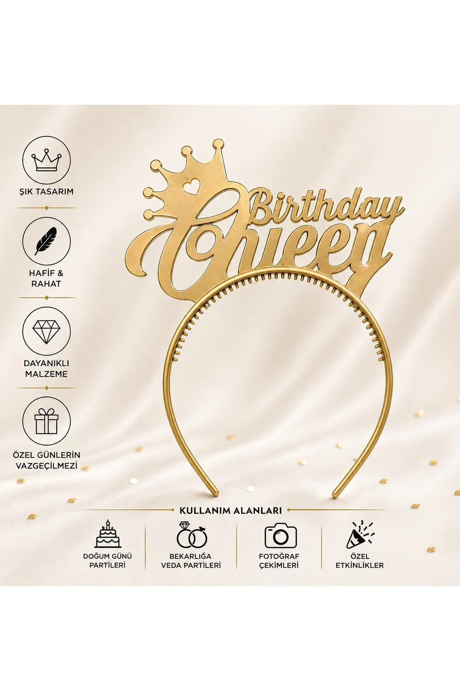 Birthday Queen Taç Renkli – Doğum Günü Tacı, Parti Tacı, Bekarlığa Veda Aksesuarı ( Mat Altın ) gorsel 6