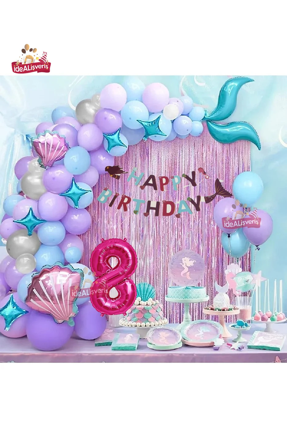 8 Yaş Deniz Kızı Banner Balon Mavi Mor Balonlar Folyo Saçak Perde Seti Doğum Günü Parti Süsü