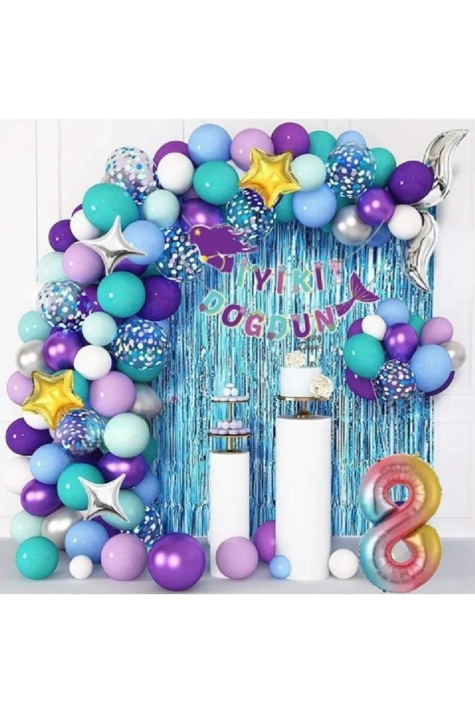 8 Yaş Gökkuşağı Folyolu Deniz Kızı Lüks  Balon Zinciri Doğum Günü Parti Seti Süsü