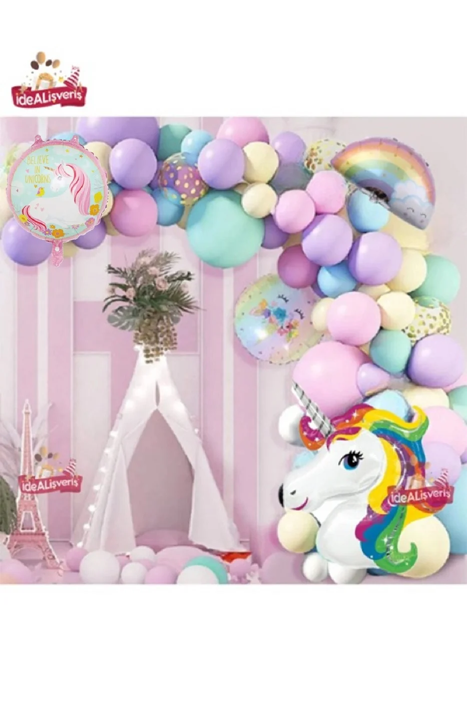 Gökkuşağı Konsepti Unicorn Temalı Makaron Balon Doğum Günü Parti Kutlama Seti
