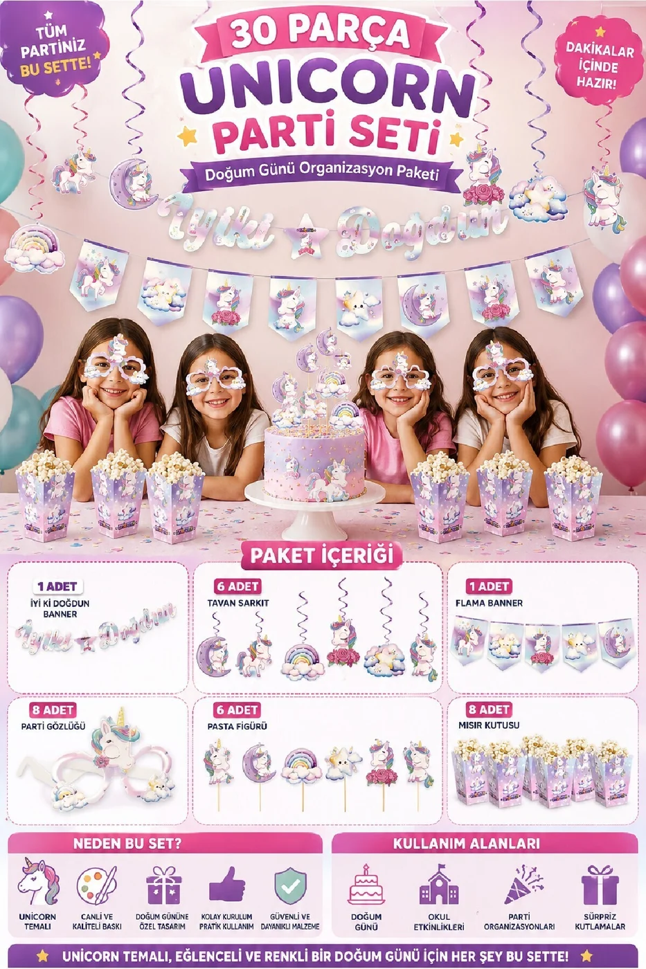 🎉 Unicorn Parti Seti 30 Parça | Unicorn Doğum Günü Süsleri, Banner, Gözlük, Pasta Süsü ve Mısır Kutusu Seti gorsel 4
