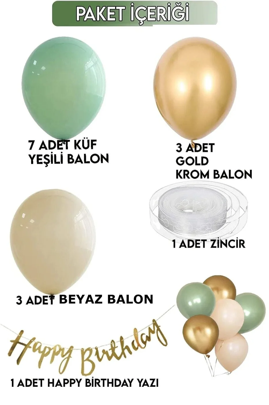 7 Küf Yeşili 3 Krom Gold 3 Kum Rengi Pastel Balon Gold Happy Birthday Banner Mini Zincir Balon Seti gorsel 3