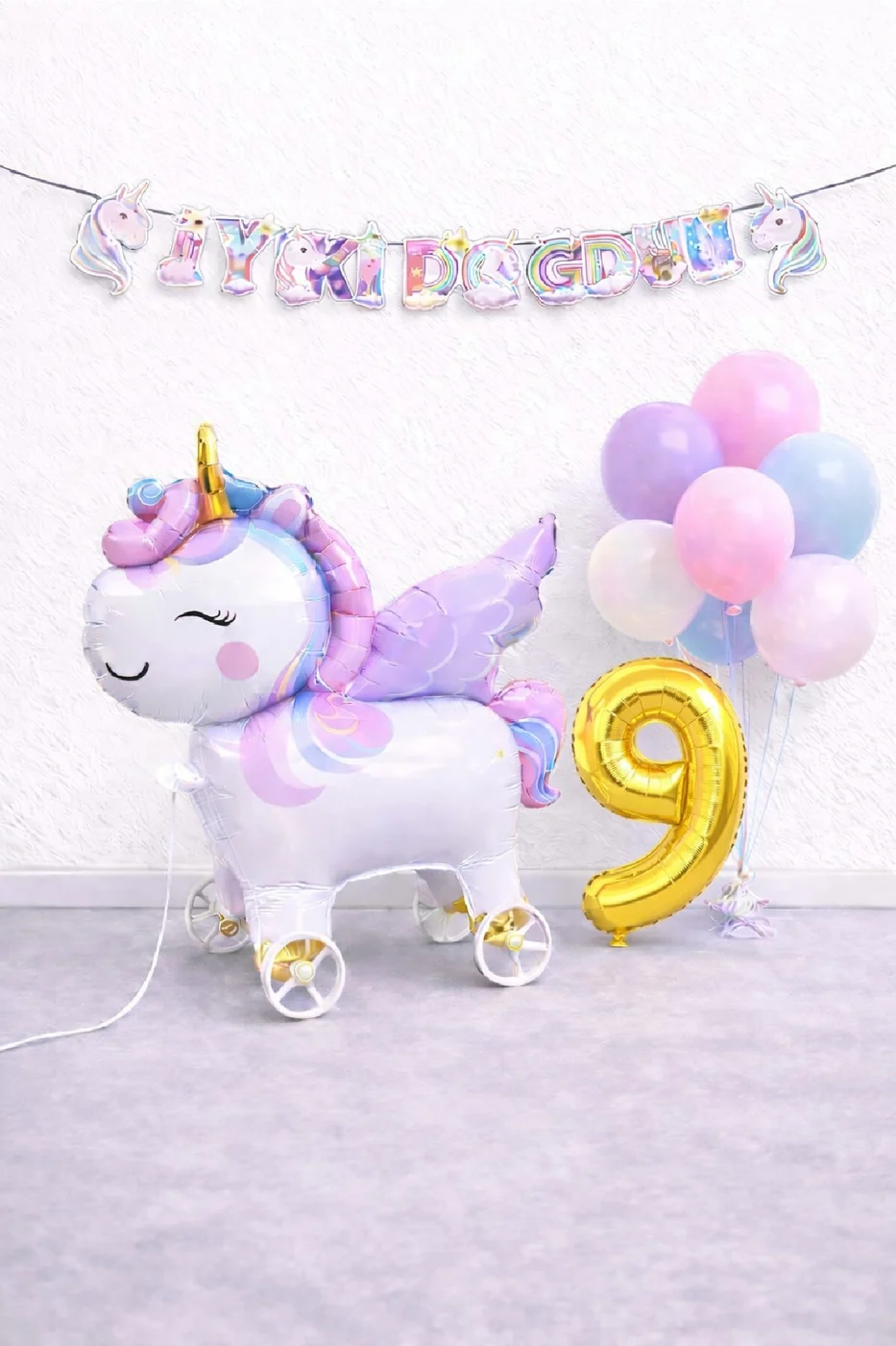 Mini Tekerlekli Unicorn Balonlu Karışık Balonlu Doğum Günü Seti Gold Rakamlı Parti Seti Süsü