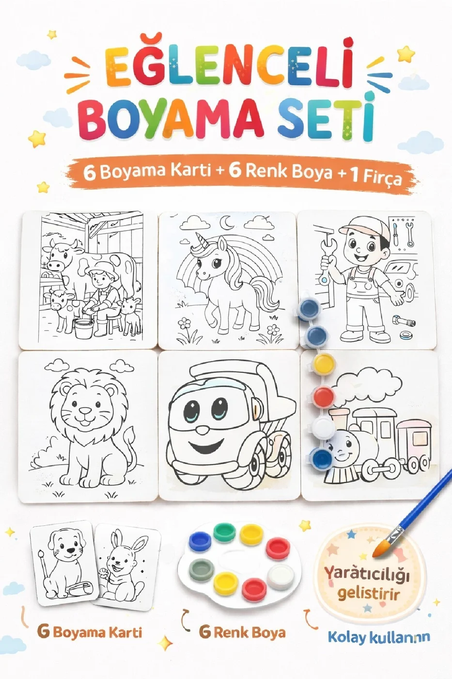 Boyama Kitabı Seti Değil! 6 Parça Kartlı Boyama Seti (Fırça + Boya Dahil) | Çocuk Aktivite Seti gorsel 3