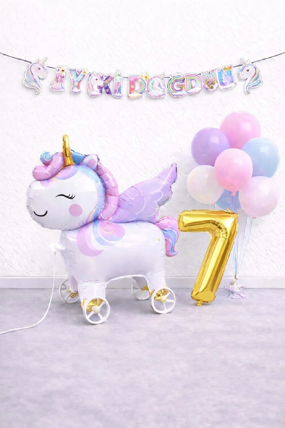 Mini Tekerlekli Unicorn Balonlu Karışık Balonlu Doğum Günü Seti Gold Rakamlı Parti Seti Süsü