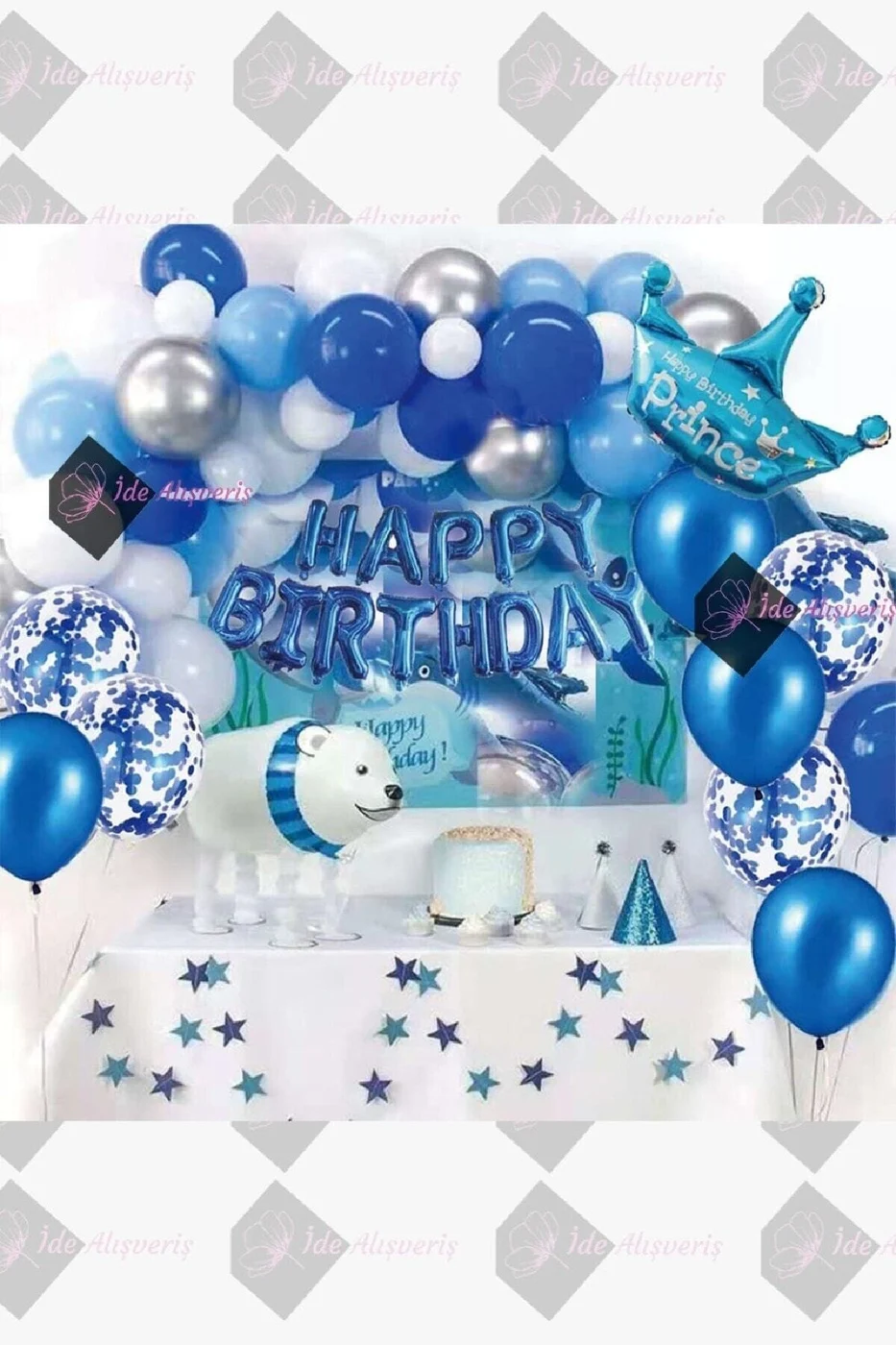 Mavi Prens Kral Taçlı Balon Zinciri Doğum Günü Seti gorsel 2