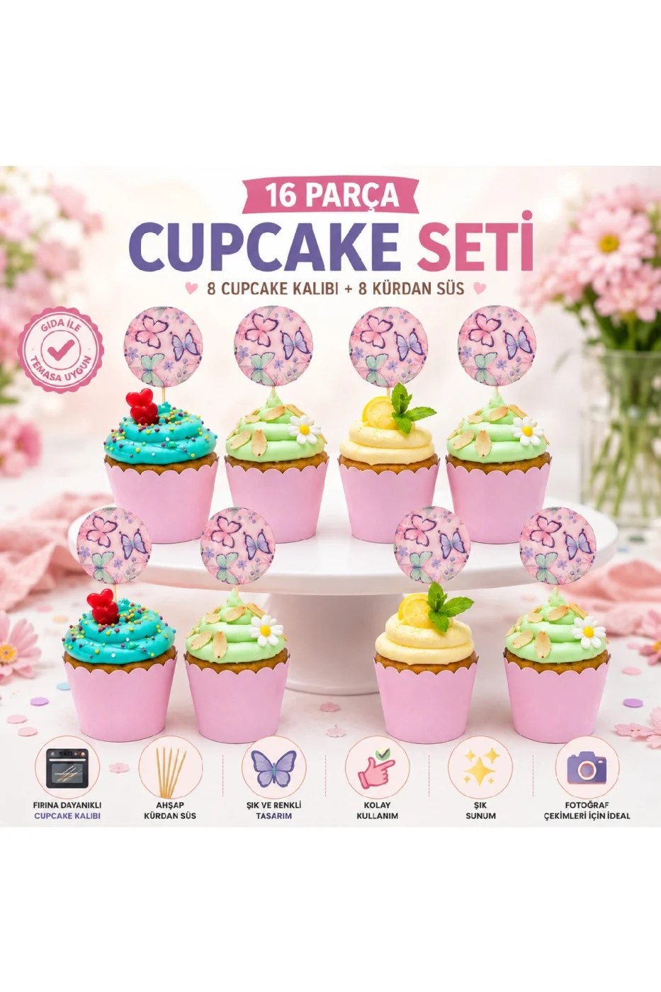Kelebek Cupcake Süsü ve Cupcake Kalıbı Seti 8+8 Parça | Doğum Günü, Baby Shower, Diş Buğdayı Parti Malzemesi