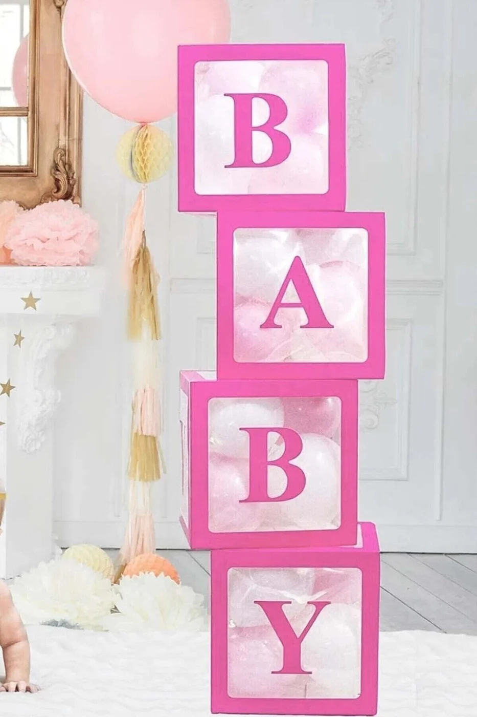 Baby Yazılı Şeffaf Pembe Kutu Balon Seti, Baby Balon Kutusu Bebek Çocuk Doğum Günü gorsel 3
