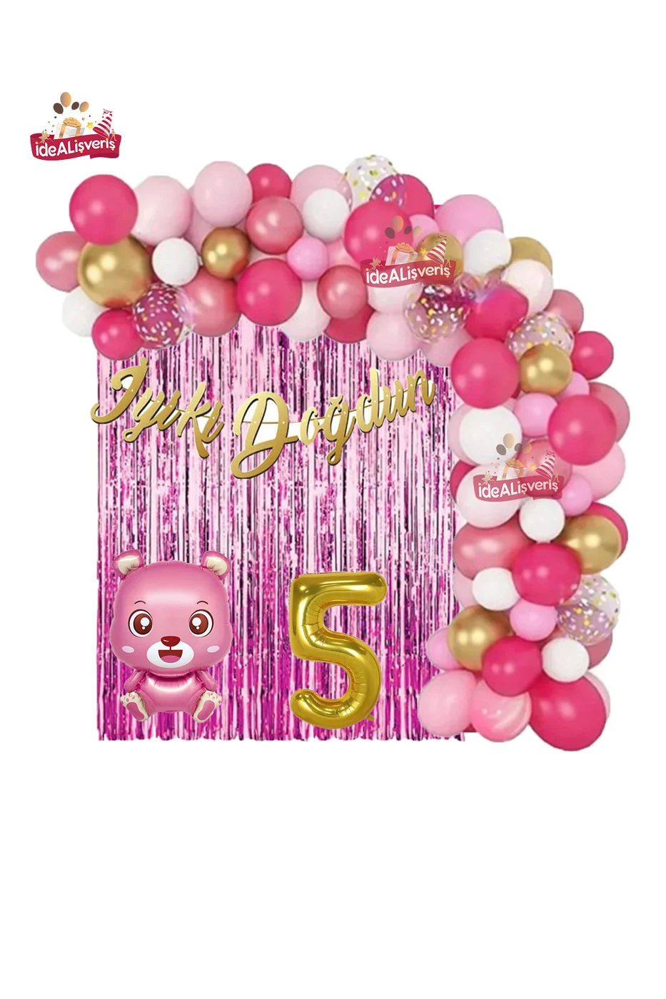 Pembe Ayıcık Gold 5 Yaş Folyo Balonlu İyi ki Doğdun Yazılı Pembe Gold Doğum Günü Parti Seti