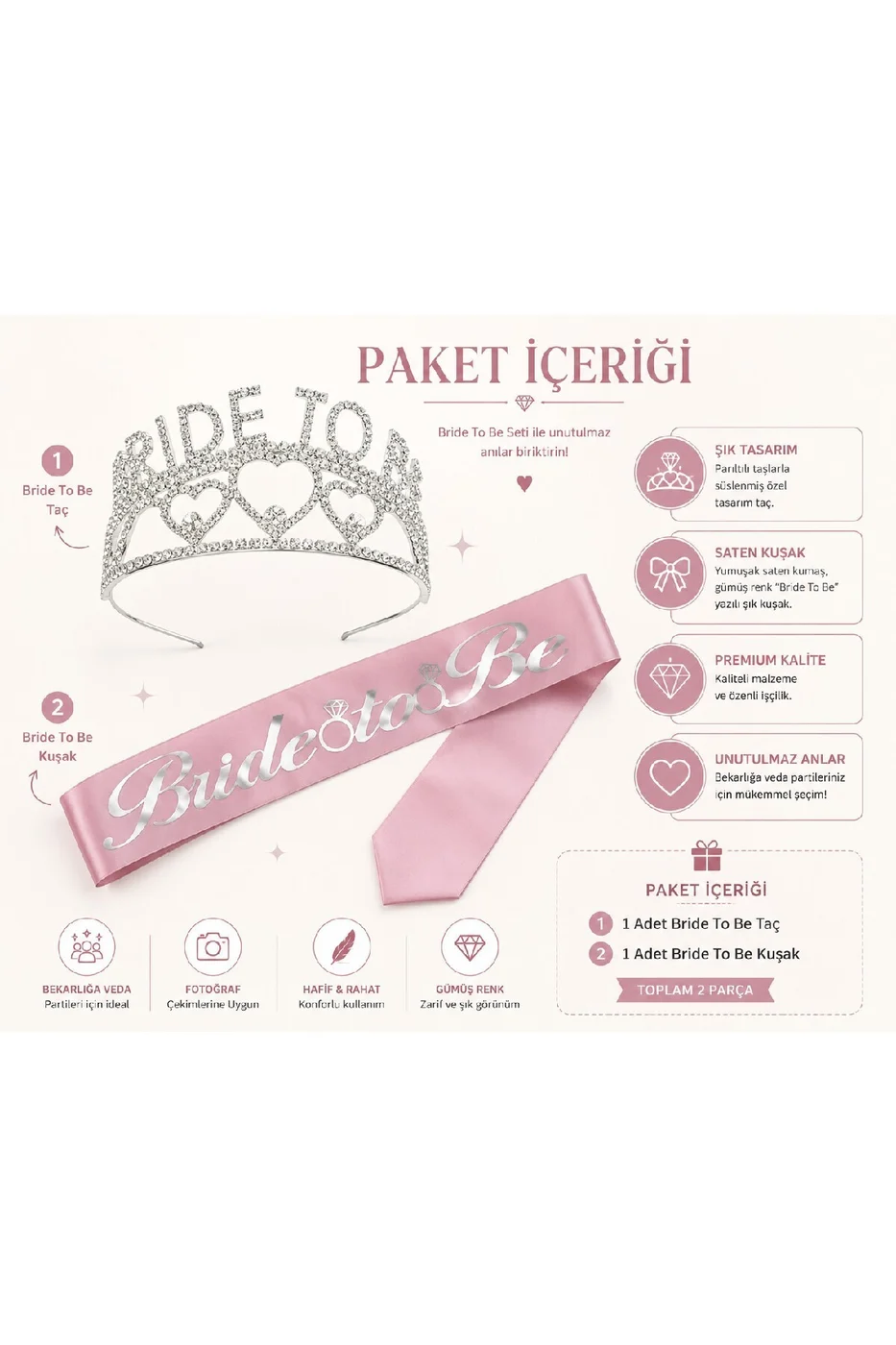 Bride To Be Taç ve Kuşak Seti Bekarlığa Veda Partisi Gelin Tacı Kuşağı gorsel 4