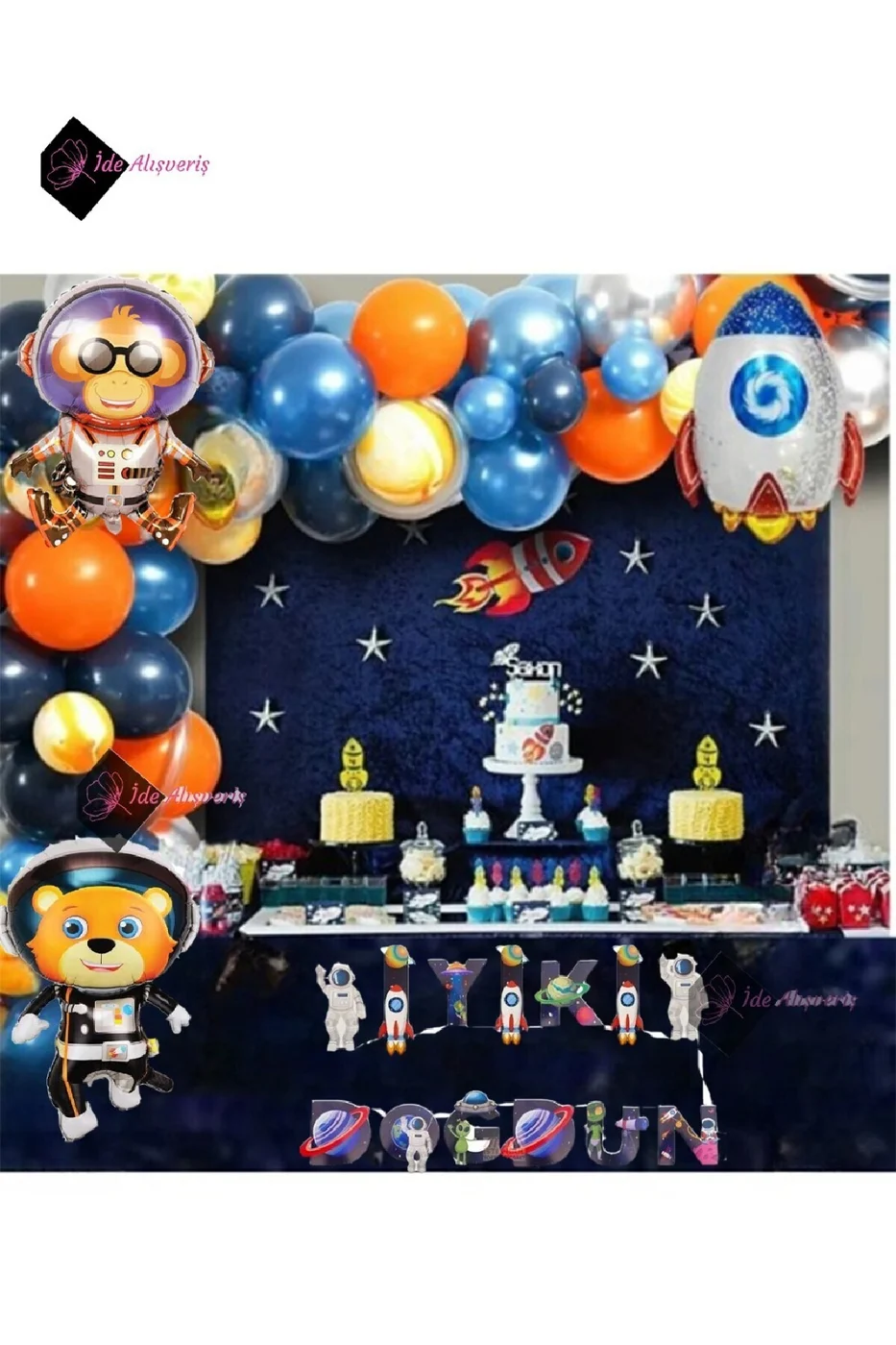 Uzay Temalı Doğum Günü Seti 3 Adet Folyo, 45 Lateks Balon, Banner, Balon Zinciri, Balon Bandı gorsel 4