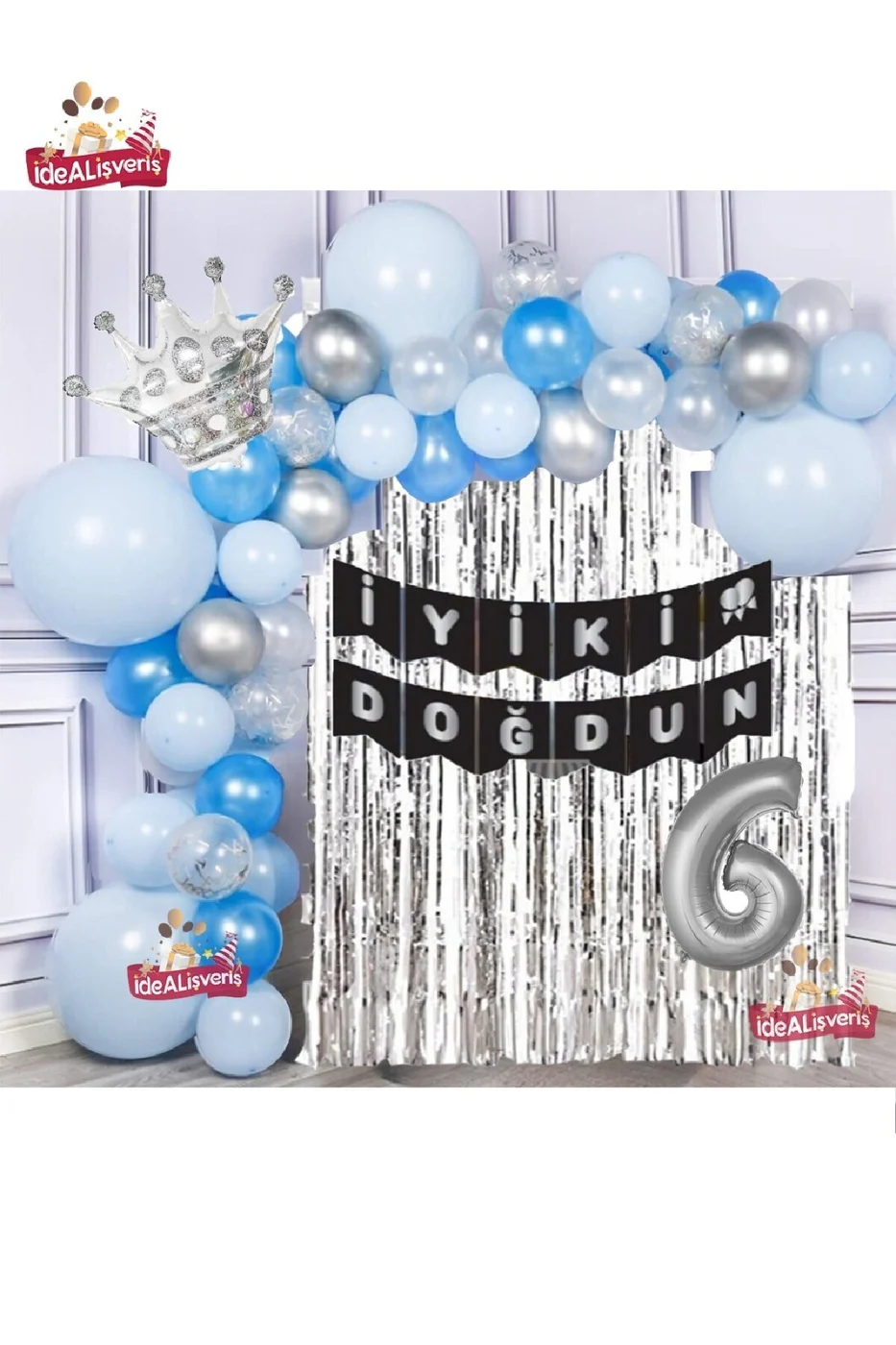 Gümüş Kral Taçlı 6 Yaş Balonlu Balon Zincirli Doğum Günü Seti Iyi Ki Doğdun gorsel 2
