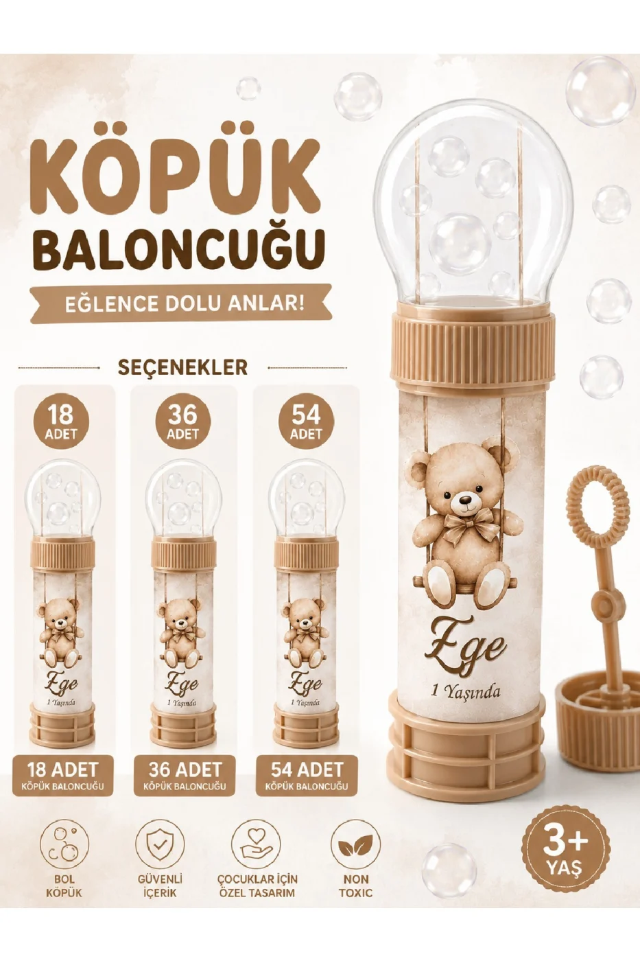 Kişiye Özel İsim Baskılı Köpük Baloncuk Bubble Oyuncağı Doğum Günü Parti Hediyeliği Ayıcıklı Tasarım 3+ Yaş gorsel 4