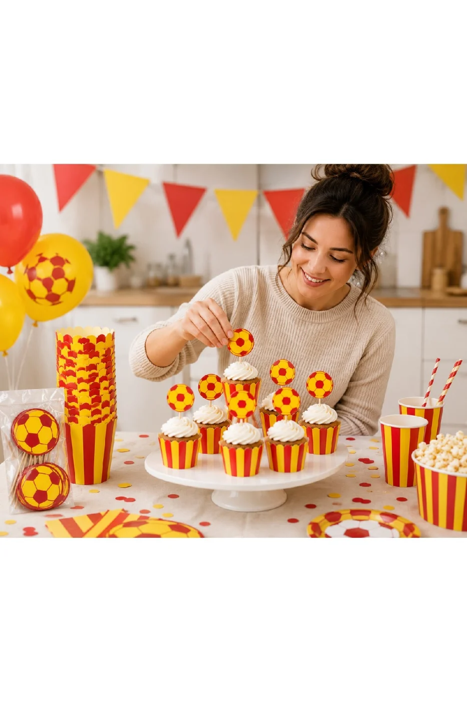 Sarı Kırmızı Cupcake Kalıbı ve Kürdan Süs Seti 16 Parça – 8 Cupcake Kalıbı + 8 Futbol Kürdan Doğum Günü Parti Malzemesi gorsel 4