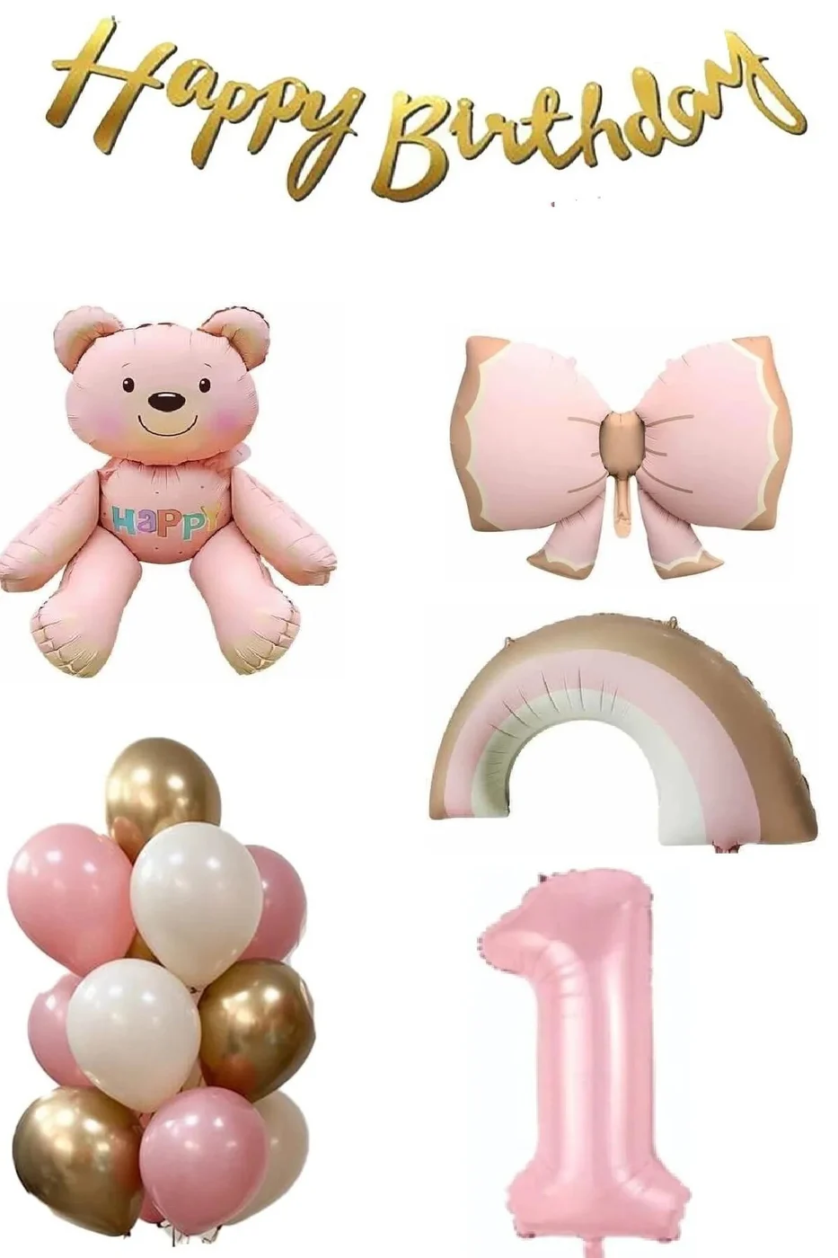 Pembe Ayıcık Yaş Balonlu Gökkuşağı Temalı Kız Bebek Konsept Doğum Günü Parti Seti Süsü