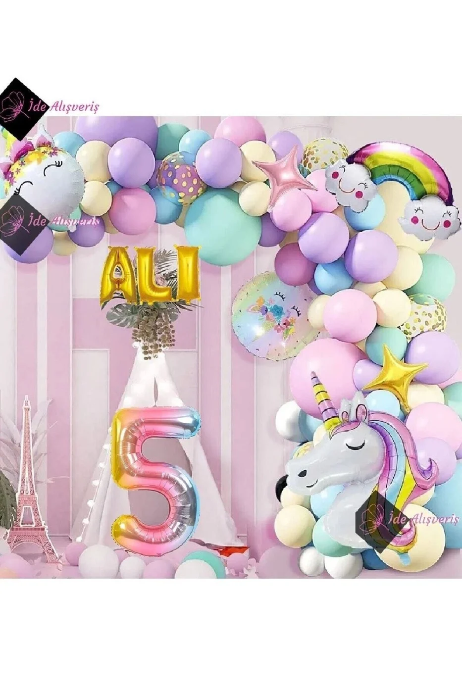 5 Yaş Ve 3 Harfli Gökkuşağı Konsepti Unicorn Temalı Makaron Balon Doğum Günü Parti Kutlama Seti