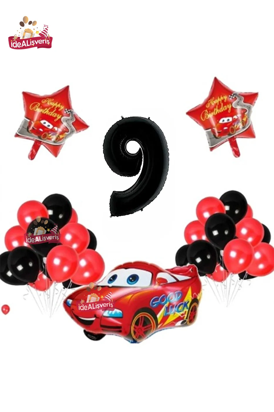 Araba Yıldız 9 Yaş Folyolu Siyah Kırmızı Doğum Günü Parti Seti