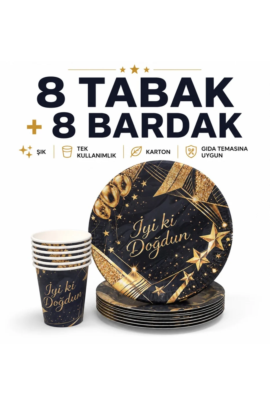 Karton Tabak Bardak Seti 8 Tabak 8 Bardak Tek Kullanımlık Doğum Günü Parti Sofra Seti | Siyah, Yeşil ve Gold Renk Seçenekleri