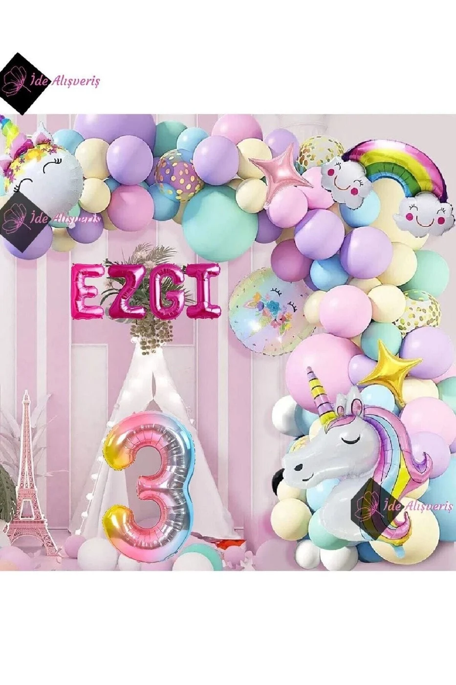 3 Yaş Ve 4 Harfli Gökkuşağı Konsepti Unicorn Temalı Makaron Balon Doğum Günü Parti Kutlama Seti