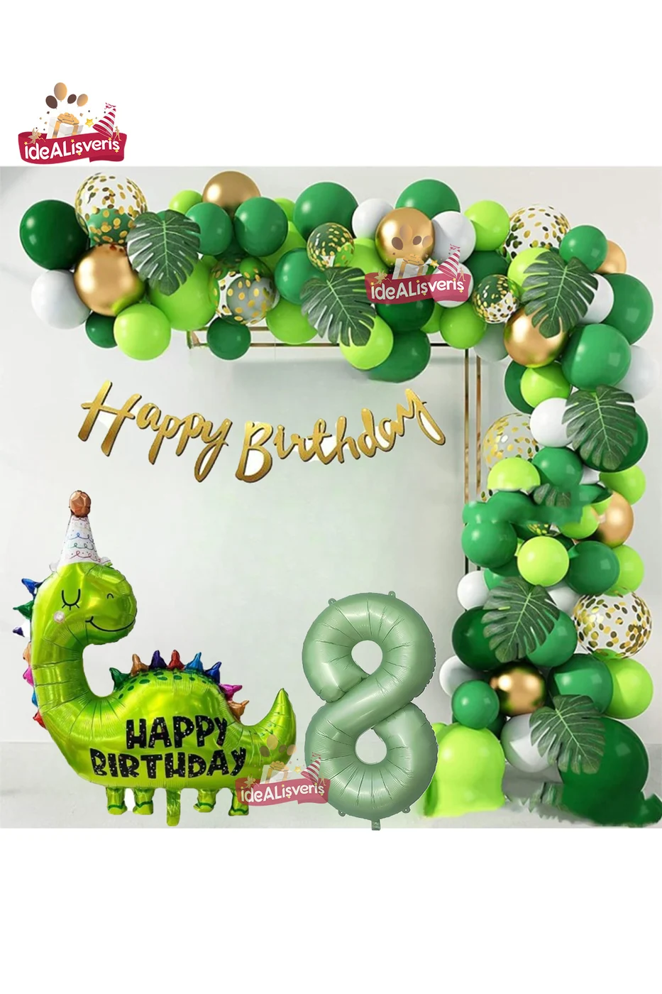 Happy Birthday Yazılı Dinozor 8 Yaş Folyo Balonlu Yeşil Gold Beyaz Doğum Günü Parti Seti