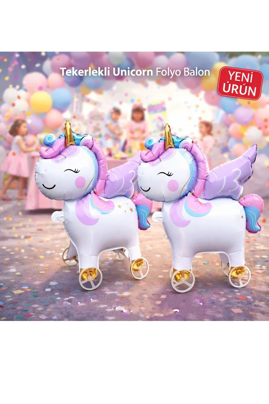 Tekerlekli Unicorn Doğum Günü Konsept Seti – Çekilebilir Folyo 3 Yaş Balonlu Makaron Balon Zinciri gorsel 2