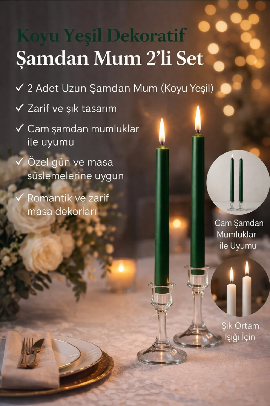 LUXE Şamdan Mum Seti 2’li Gold / Ivory / Silver Dekoratif Uzun Şamdan Mum gorsel 2