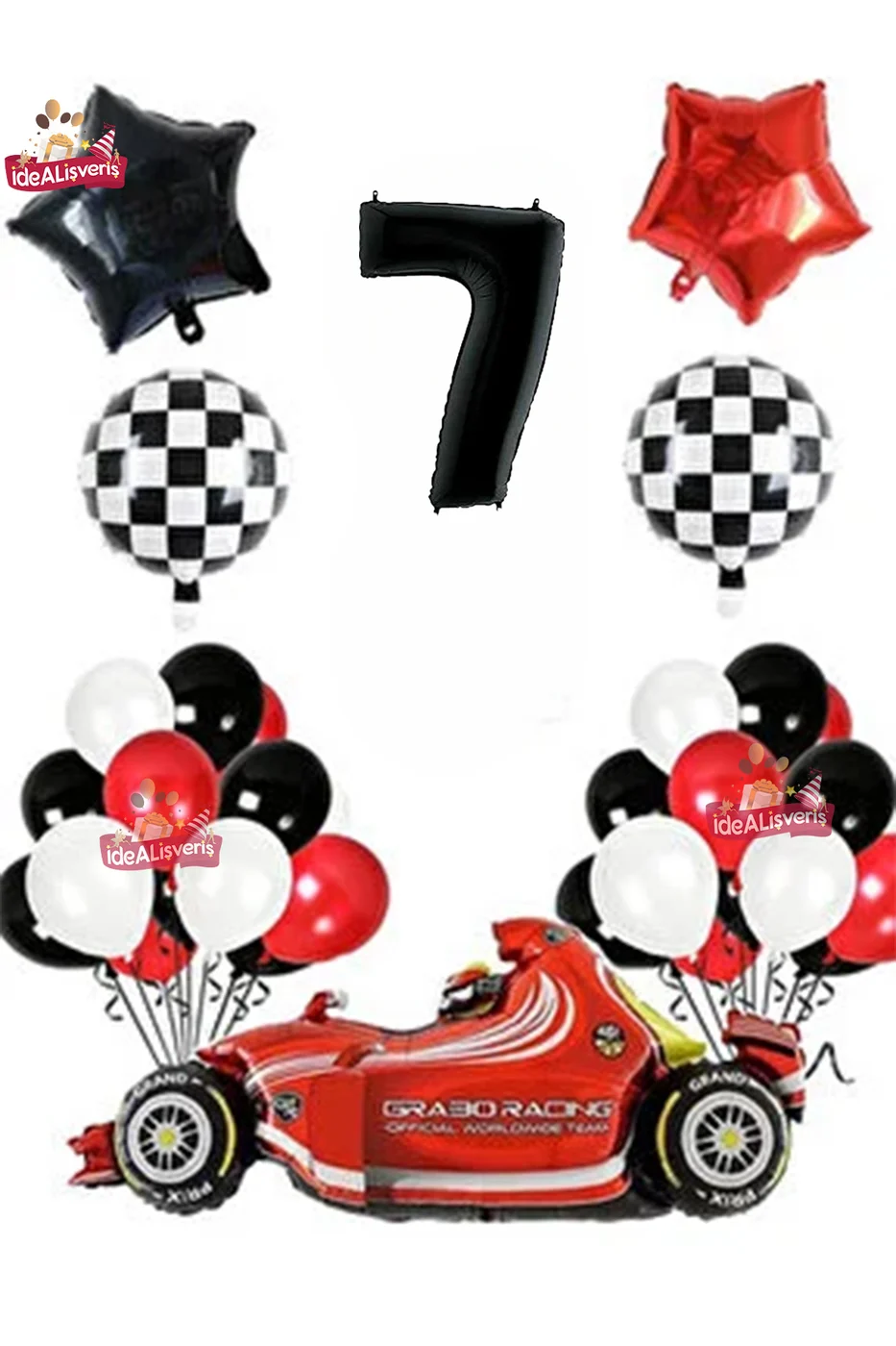 Formula Yarış Arabası 7 Yaş Siyah Kırmızı Beyaz Konsept Doğum Günü Parti Seti