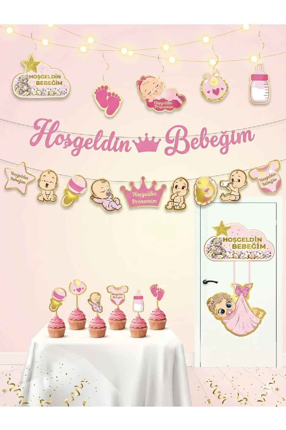 Hoşgeldin Bebeğim Parti Seti | Kız Bebek Baby Shower Süsleri, Banner, Kapı Süsü ve Pasta Figürleri gorsel 4