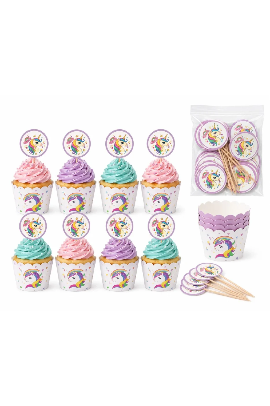 Unicorn Cupcake Süsü 8'li Set | 8 Cupcake Kalıbı + 8 Unicorn Kürdan | Doğum Günü Parti Malzemeleri | Baby Shower | Diş Buğdayı