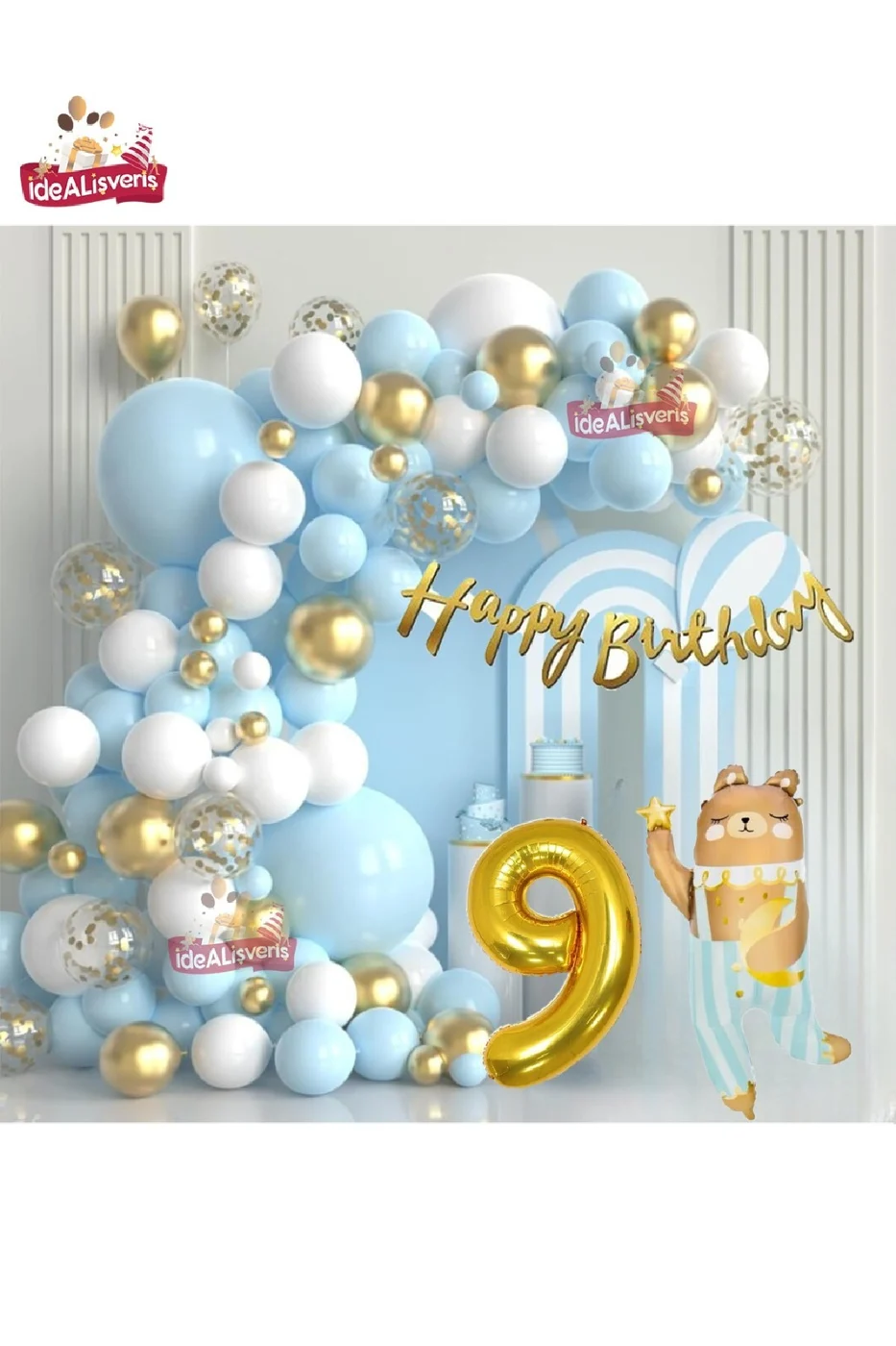 LÜKS TEDDY AYI FOLYOLU GOLD 9 YAŞ FOLYO BALONLU DOĞUM GÜNÜ PARTİ SETİ SÜSÜ gorsel 2