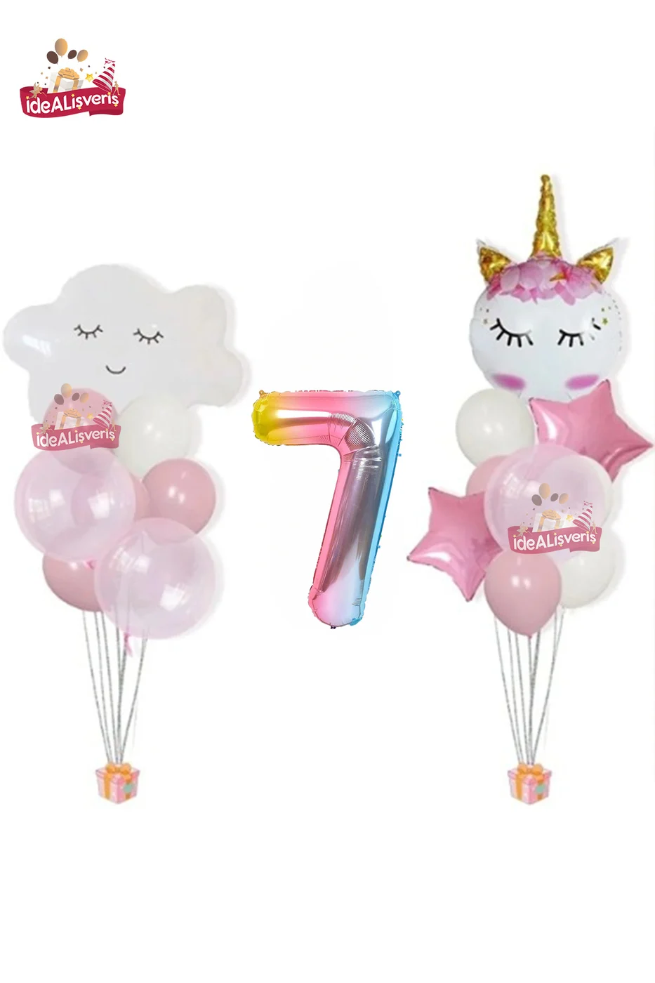 Bulut Eyelash Gökkuşağı 7 Yaş Folyo Pembe Beyaz Balonlu Doğum Günü Parti Seti
