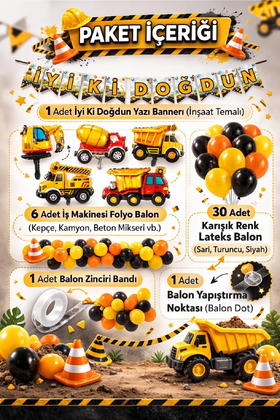 İnşaat Temalı Doğum Günü Süsleme Seti İş Makinesi Balon Dekorasyon Parti Seti Süsü gorsel 2