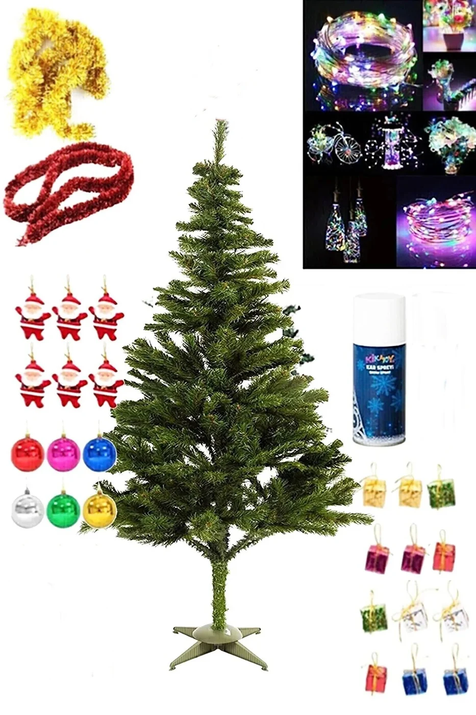 150 Cm Yılbaşı Çam Ağaç Seti 3 Metre Pilli Rgb Led Işıklı,