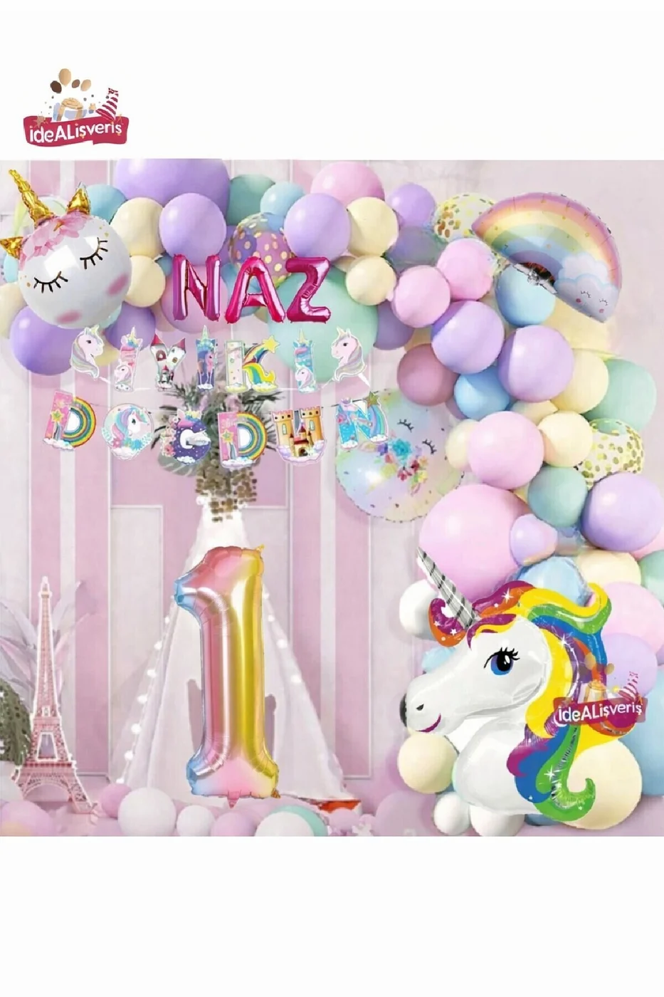 3 Harfli 2 Yaş Unicorn Temalı Iyi Ki Doğdun Makaron Balon Doğum Günü Parti Kutlama Seti Süsü gorsel 3