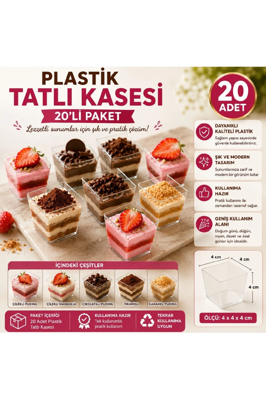 Plastik Tatlı Kasesi 20'li Paket 4x4 cm Kapaklı | Mini Magnolia, Puding, Tiramisu ve Cheesecake Sunum Kabı gorsel 3