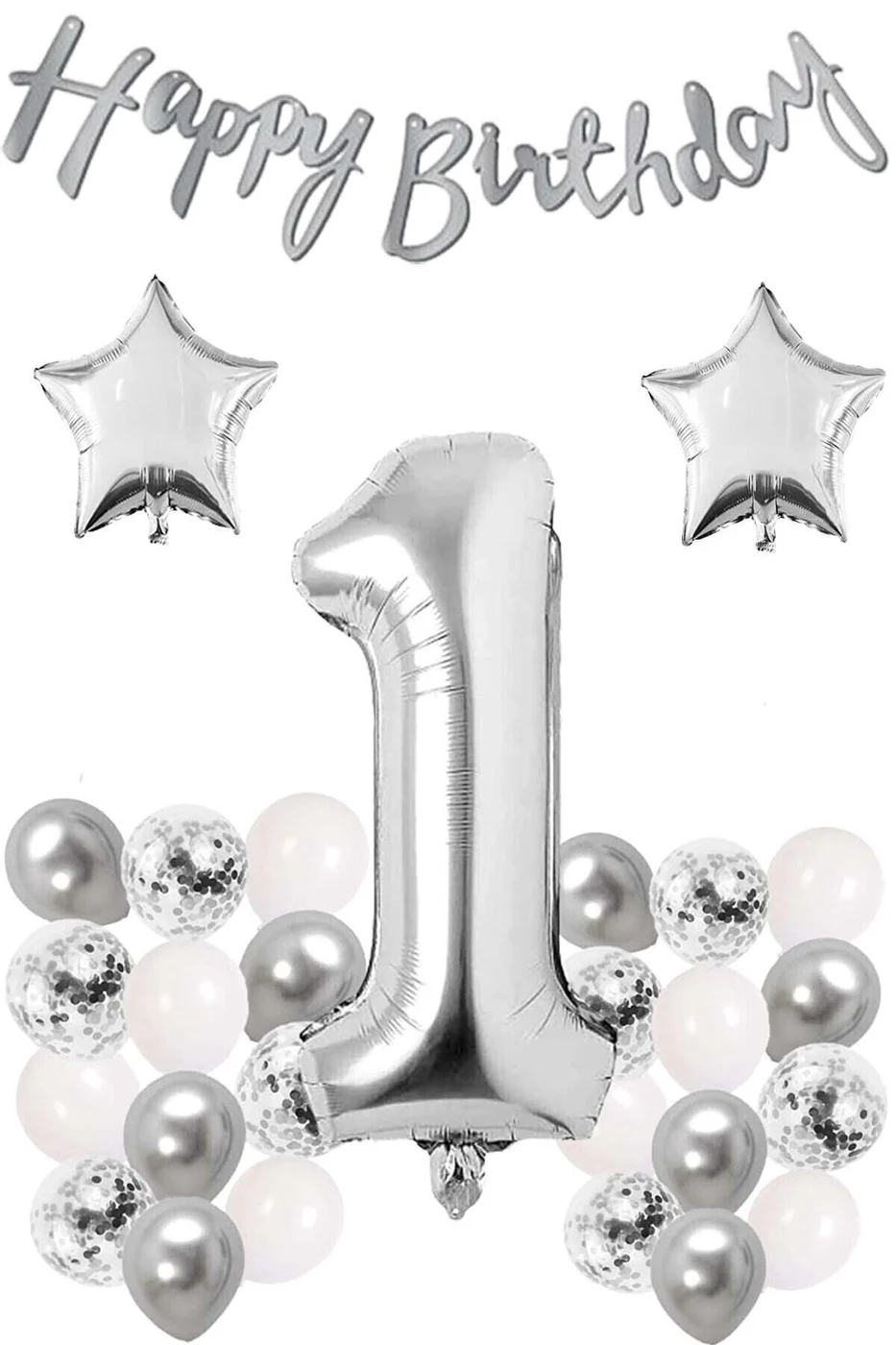 Gümüş Konsept Doğum Günü Kutlama Seti Beyaz Gümüş Konfetili Balon Rakam Yıldız Folyo Ve Banner