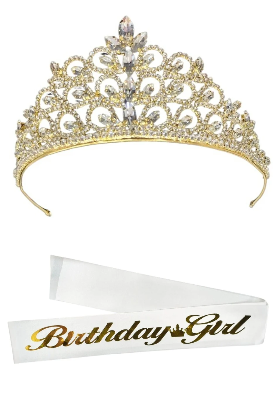 METAL YARIM TUR TACI DESENLİ GOLD VE BİRTHDAY GİRL KUŞAK SETİ – GOLD PARILTILI DOĞUM GÜNÜ AKSESUARI