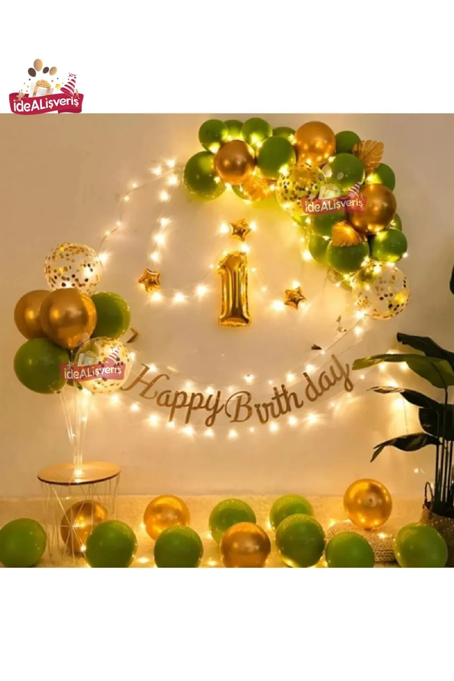1 Yaş Led Işıklı Gold Küfyeşili Balon Kemer Kiti Doğum Günü Parti Seti Süsü gorsel 3