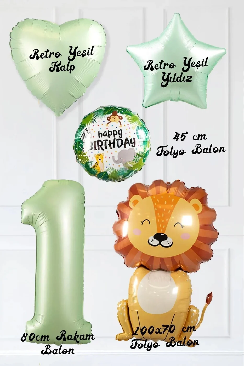 Safari Tema Doğum Günü Yaş Balonlu Retro Yeşil Safari Balonları Sevimli Aslan Parti Seti