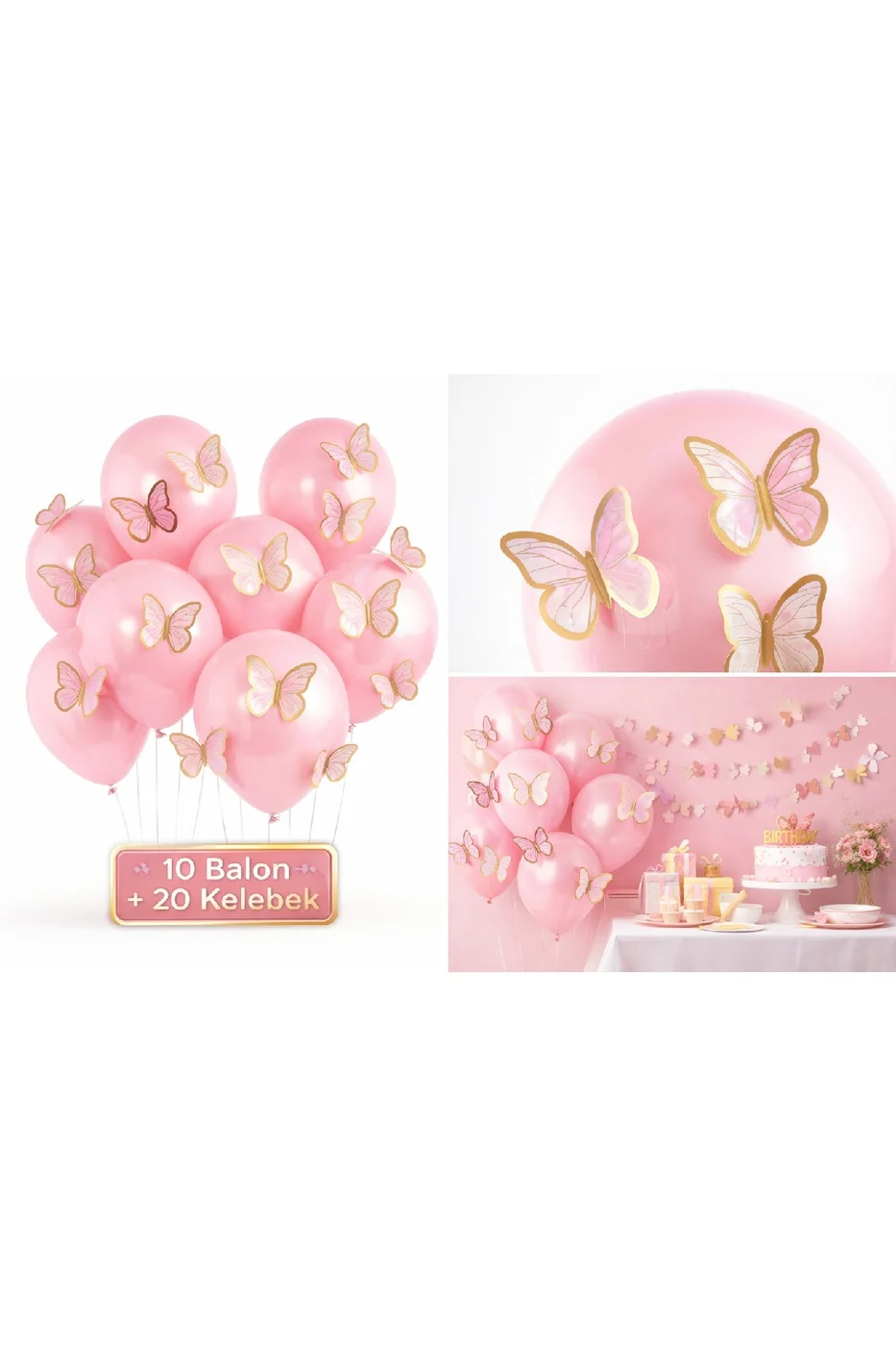 Soft 3D Kelebekli Balon Seti – 10 Balon + 20 Kelebek Doğum Günü Parti Seti Süsü gorsel 4