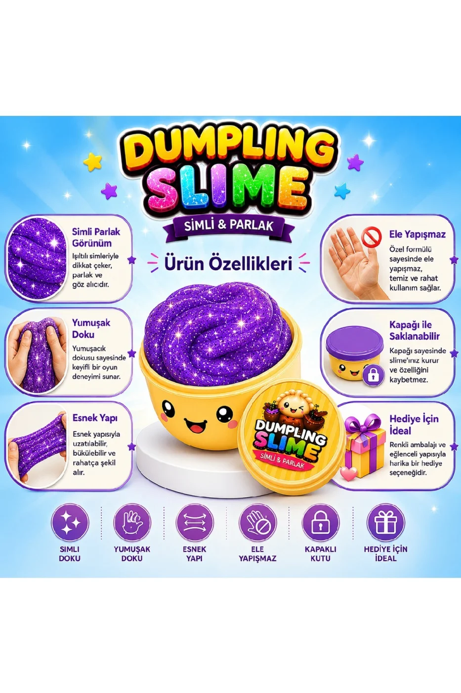 Çin MantısıSlime Simli Oyun Hamuru Tekli | Glitter Slime | Esnek Yumuşak Doku | Kapaklı Kutu | 6 Renk Seçeneği gorsel 3