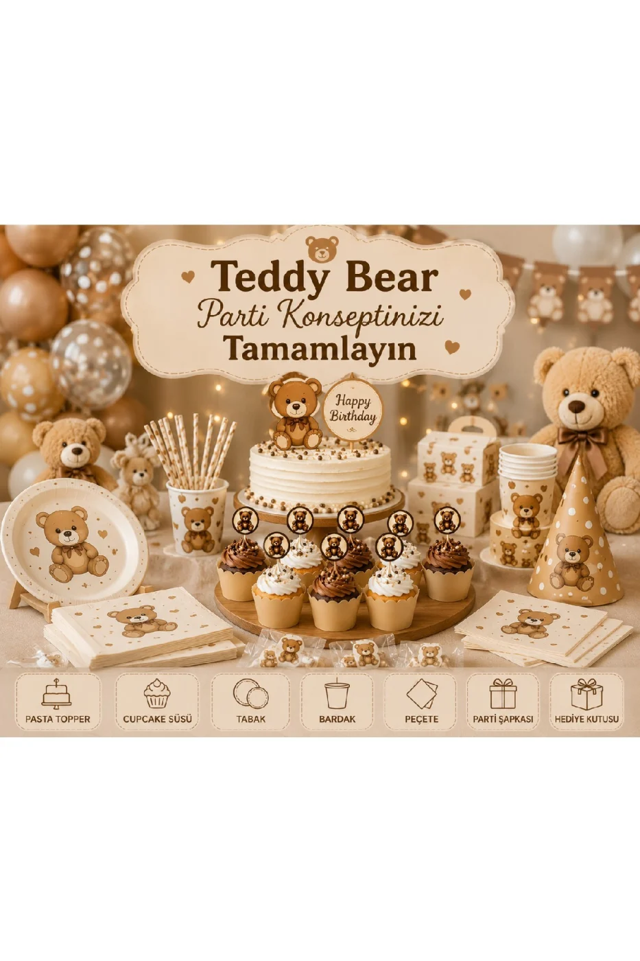 Teddy Bear Cupcake Süsü Seti | 8 Cupcake Kalıbı + 8 Ayıcık Kürdan | Baby Shower | 1 Yaş Doğum Günü | Parti Malzemeleri | 16 Parça gorsel 7