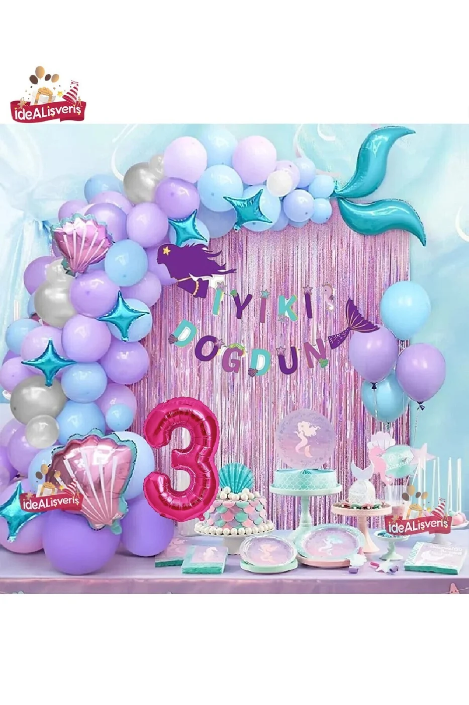 3 Yaş Deniz Kızı Banner Balon Mavi Mor Balonlar Folyo Saçak Perde Seti Doğum Günü Parti Süsü gorsel 2