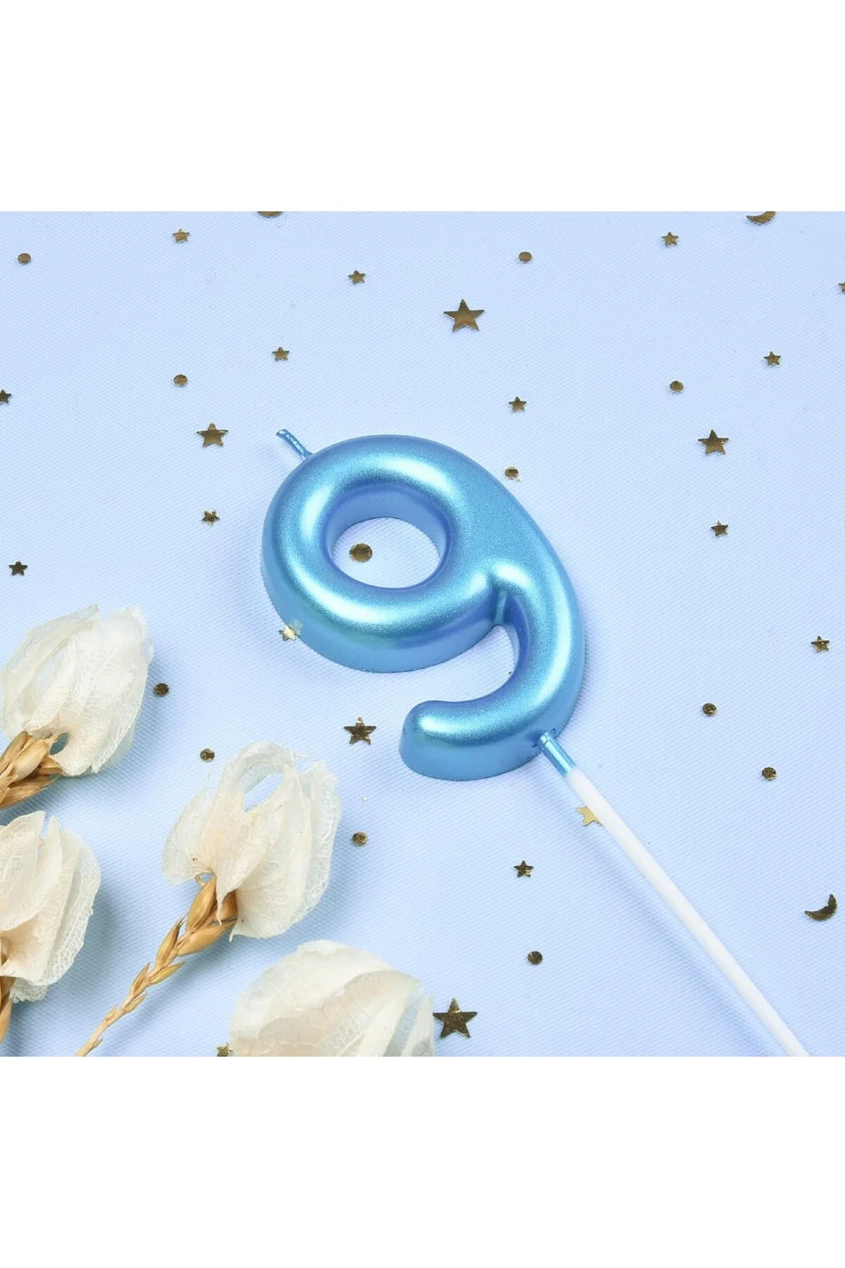9 YAŞ PARLAK AÇIK MAVİ ŞIK MUM 12 CM gorsel 2