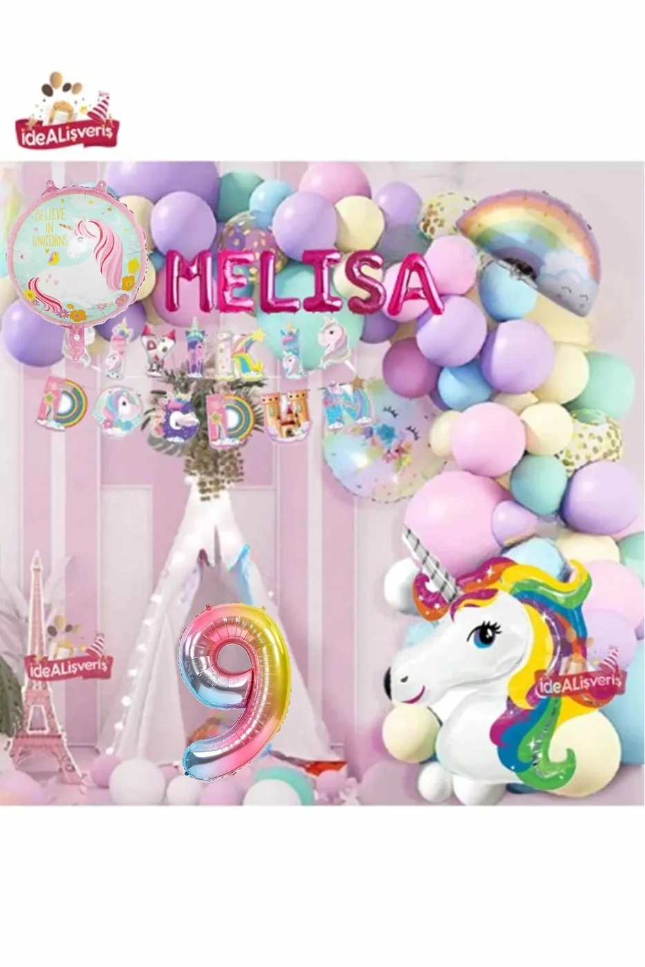 6 Harfli Yaş Unicorn Temalı Iyi Ki Doğdun Makaron Balon Doğum Günü Parti Kutlama Seti Süsü