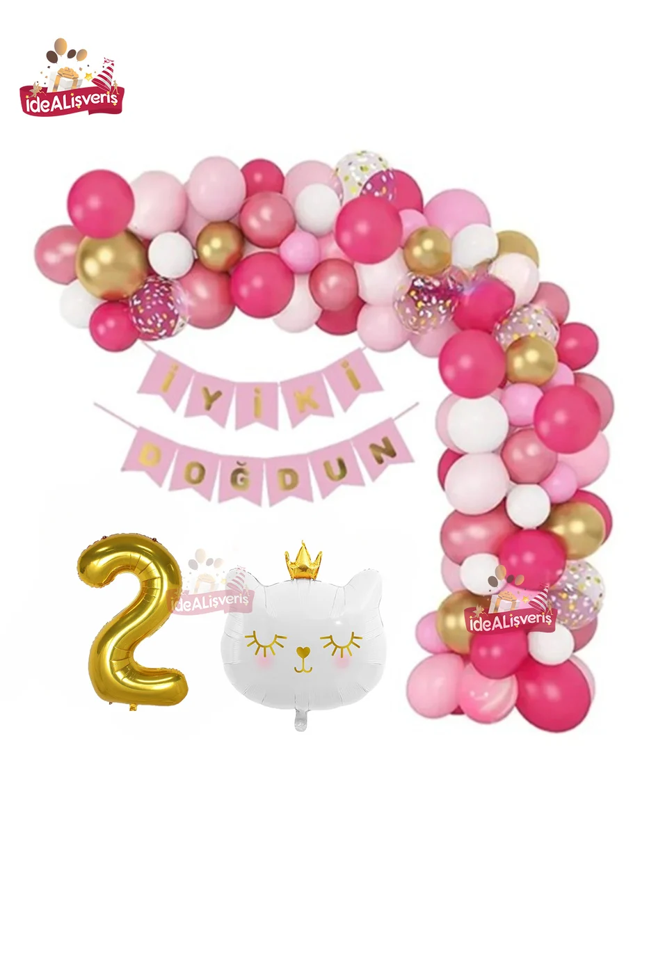 Bannerli Beyaz Kedi 2 Yaş Gold Folyo Balonlu Pembe Gold Beyaz Doğum Günü Parti Seti