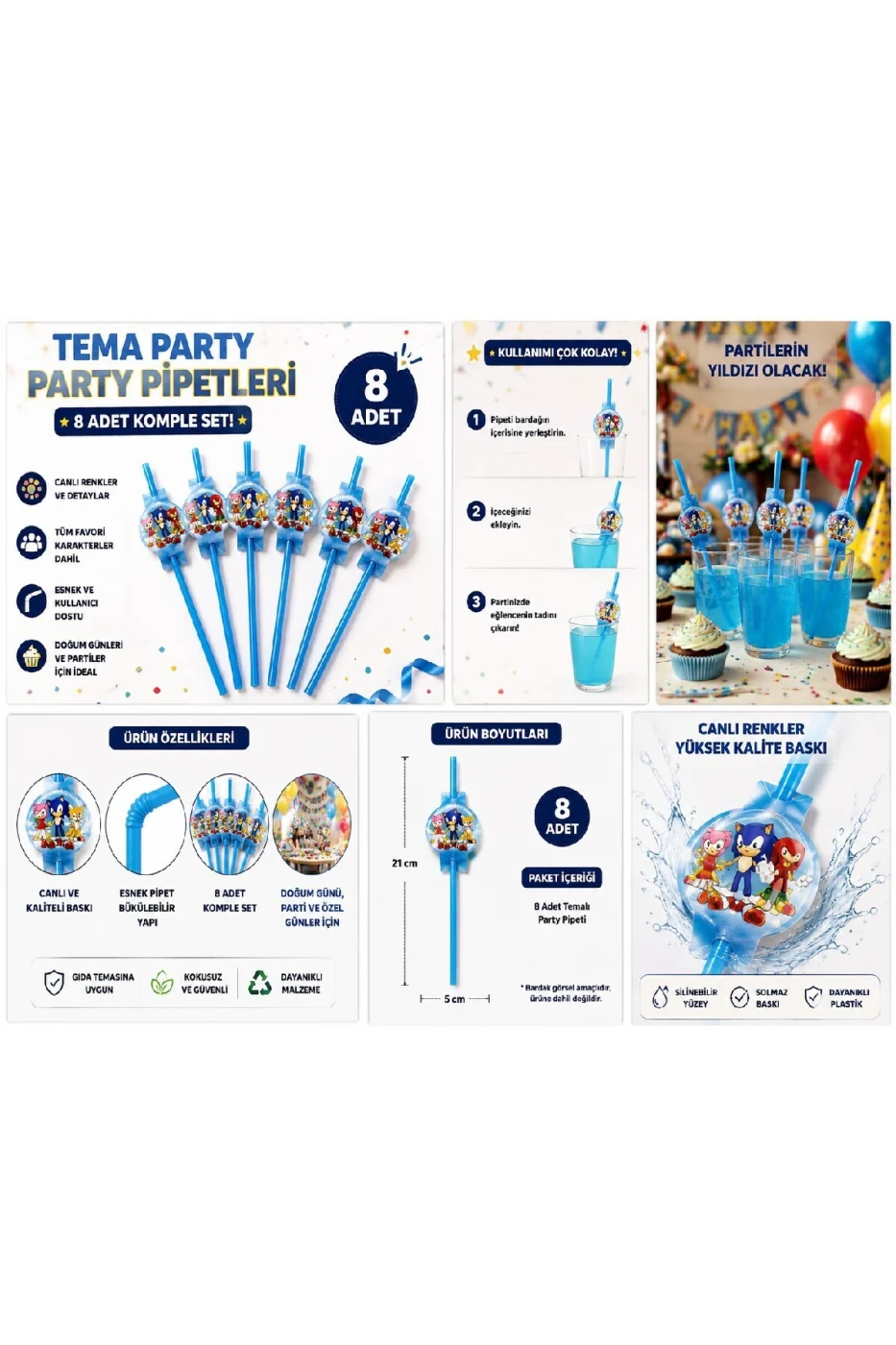 Kirpi Temalı Parti Pipeti 8 Adet | Doğum Günü Süsleri | Çocuk Parti Malzemeleri | Dekoratif Pipet Seti